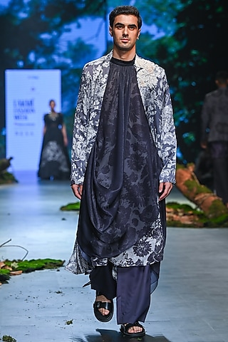 Grey & Ivory Poly Organza Printed Kurta Set by Varun Bahl Men