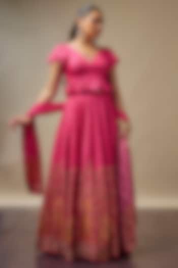 Hot Pink Raw Silk Printed & Embroidered Wedding Lehenga Set by Vidhi By A La Mode at Pernia's Pop Up Shop