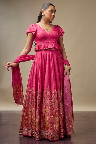Hot Pink Raw Silk Printed & Embroidered Lehenga Set by Vidhi By A La Mode