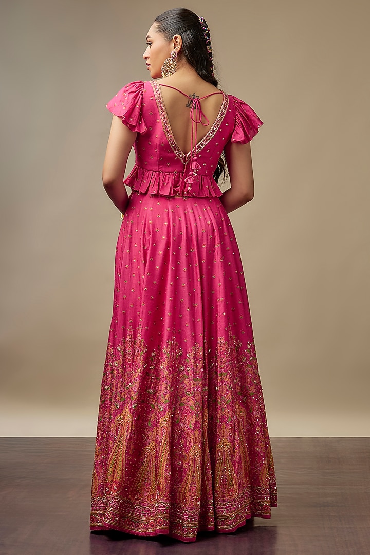 Hot Pink Raw Silk Printed & Embroidered Wedding Lehenga Set by Vidhi By A La Mode at Pernia's Pop Up Shop