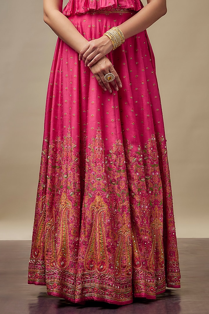 Hot Pink Raw Silk Printed & Embroidered Wedding Lehenga Set by Vidhi By A La Mode at Pernia's Pop Up Shop