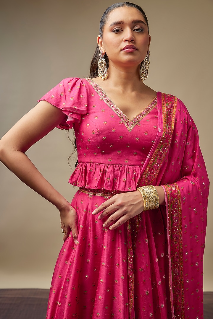 Hot Pink Raw Silk Printed & Embroidered Wedding Lehenga Set by Vidhi By A La Mode at Pernia's Pop Up Shop