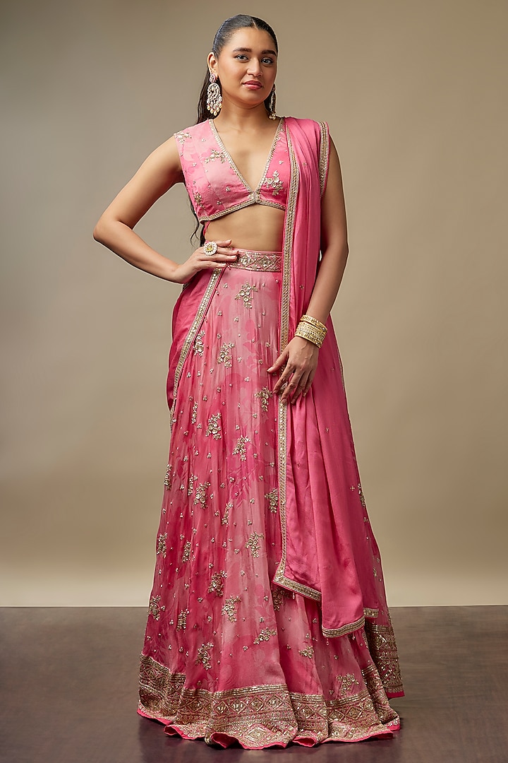 Rani Pink Raw Silk Printed & Embroidered Wedding Lehenga Set by Vidhi By A La Mode at Pernia's Pop Up Shop