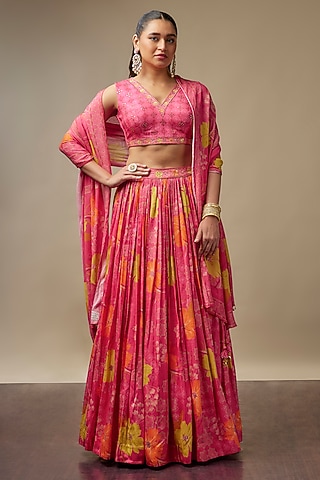 Raspberry Pink Raw Silk Printed & Embroidered Lehenga Set by Vidhi By A La Mode