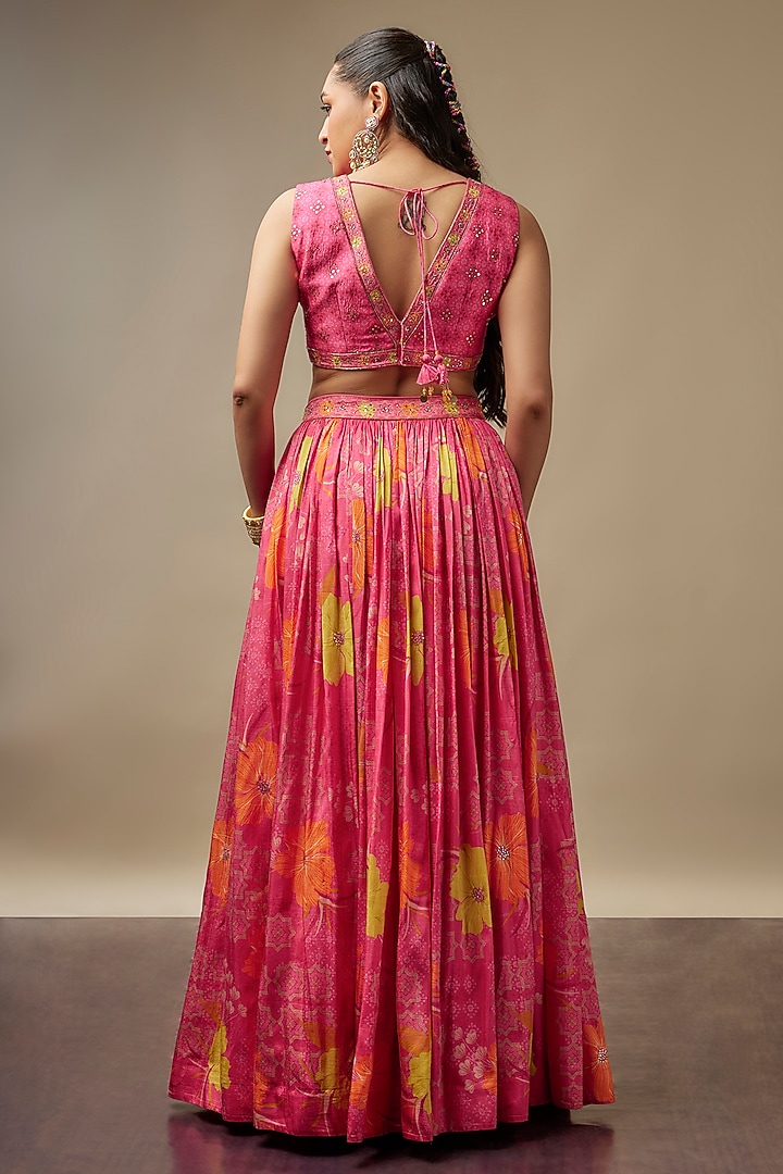 Raspberry Pink Raw Silk Printed & Embroidered Wedding Lehenga Set by Vidhi By A La Mode at Pernia's Pop Up Shop