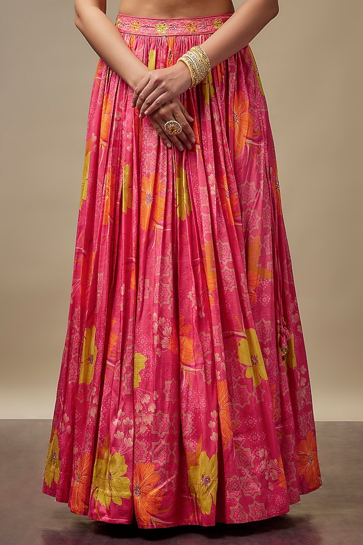 Raspberry Pink Raw Silk Printed & Embroidered Wedding Lehenga Set by Vidhi By A La Mode at Pernia's Pop Up Shop