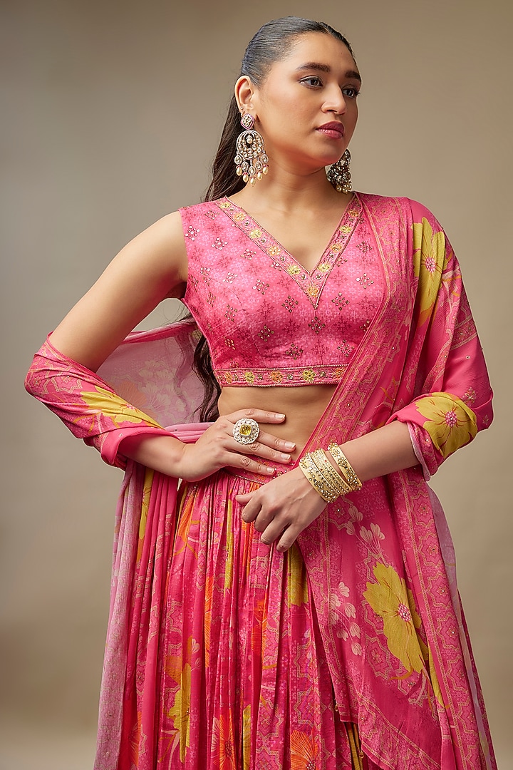 Raspberry Pink Raw Silk Printed & Embroidered Wedding Lehenga Set by Vidhi By A La Mode at Pernia's Pop Up Shop