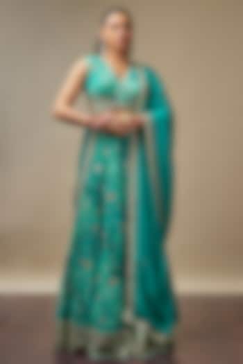 Turk Blue Raw Silk Printed & Embroidered Wedding Lehenga Set by Vidhi By A La Mode at Pernia's Pop Up Shop