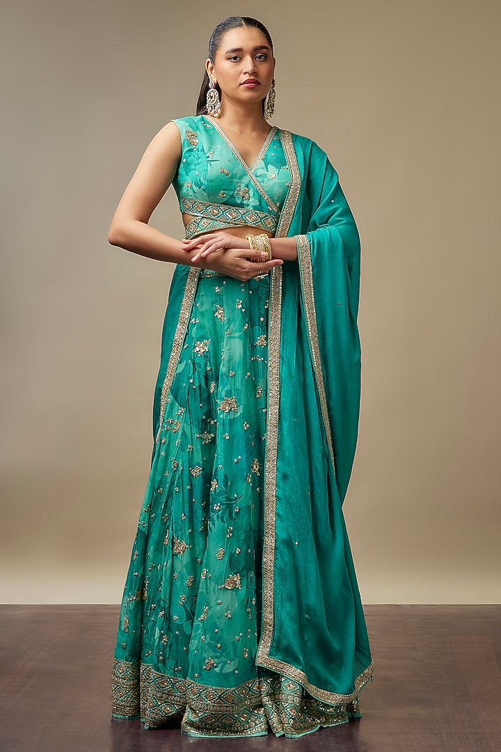 Turk Blue Raw Silk Printed & Embroidered Wedding Lehenga Set by Vidhi By A La Mode at Pernia's Pop Up Shop