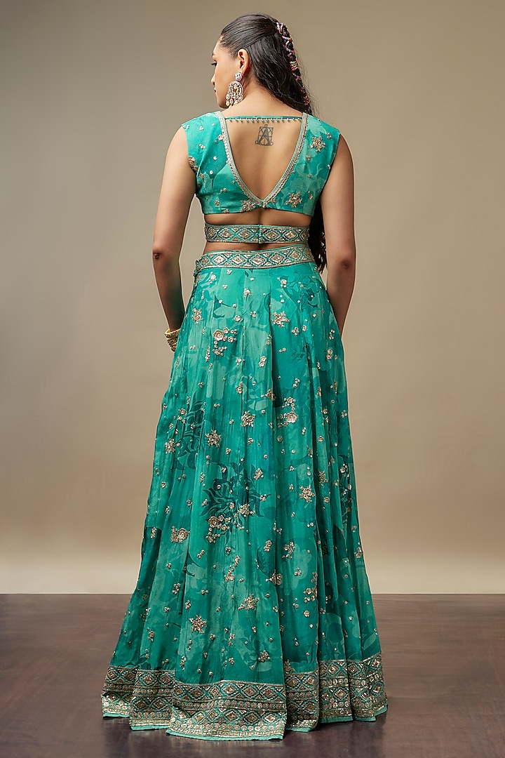 Turk Blue Raw Silk Printed & Embroidered Wedding Lehenga Set by Vidhi By A La Mode at Pernia's Pop Up Shop