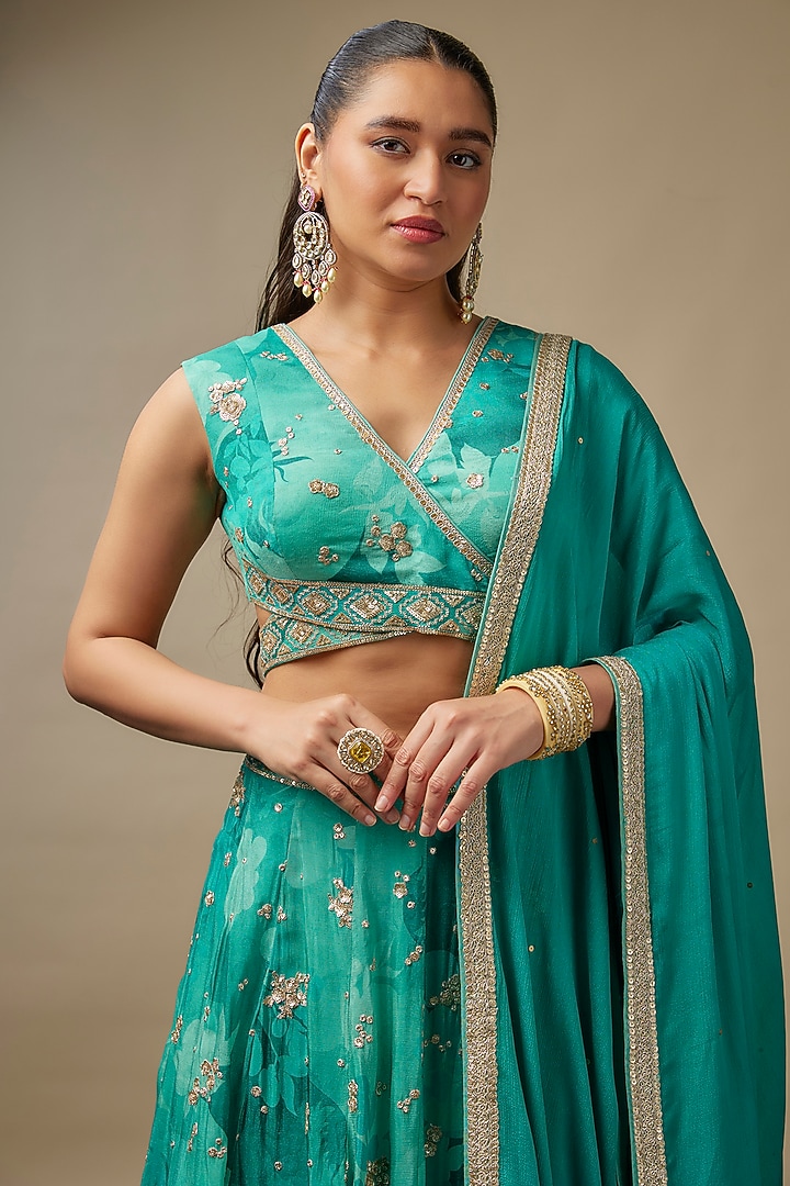 Turk Blue Raw Silk Printed & Embroidered Wedding Lehenga Set by Vidhi By A La Mode at Pernia's Pop Up Shop