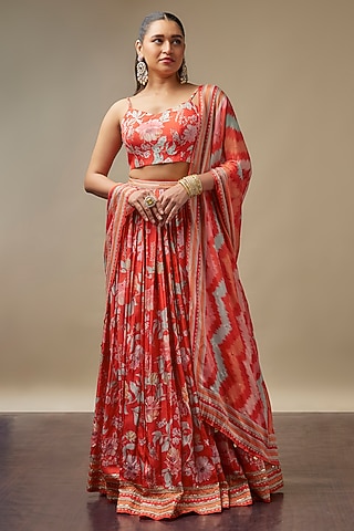 Coral Red Raw Silk Printed & Embroidered Lehenga Set by Vidhi By A La Mode