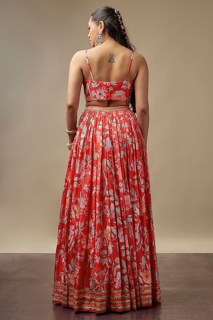Coral Red Raw Silk Printed & Embroidered Wedding Lehenga Set by Vidhi By A La Mode at Pernia's Pop Up Shop