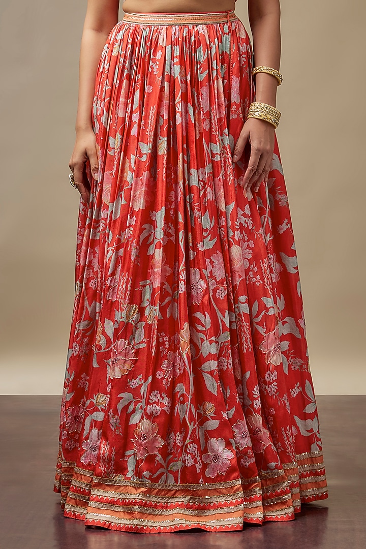 Coral Red Raw Silk Printed & Embroidered Wedding Lehenga Set by Vidhi By A La Mode at Pernia's Pop Up Shop