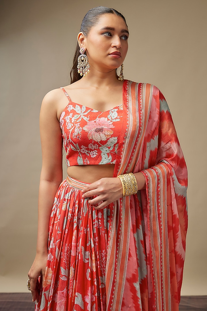 Coral Red Raw Silk Printed & Embroidered Wedding Lehenga Set by Vidhi By A La Mode at Pernia's Pop Up Shop