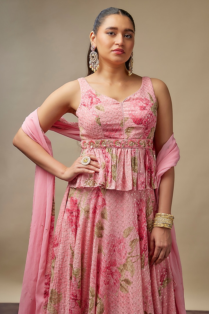Light Pink Raw Silk Printed & Embroidered Wedding Lehenga Set by Vidhi By A La Mode at Pernia's Pop Up Shop