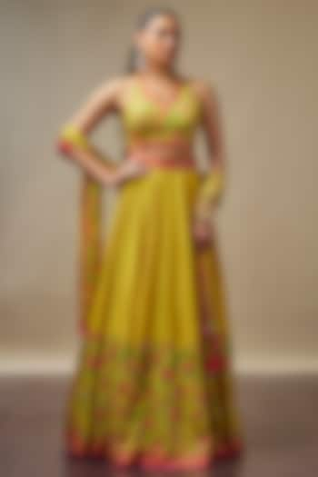 Lemon Yellow Raw Silk Printed & Embroidered Wedding Lehenga Set by Vidhi By A La Mode at Pernia's Pop Up Shop