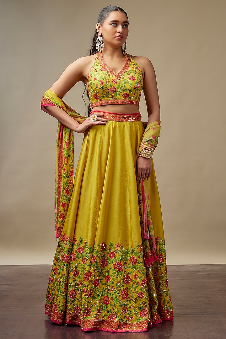 Lemon Yellow Raw Silk Printed & Embroidered Wedding Lehenga Set by Vidhi By A La Mode at Pernia's Pop Up Shop