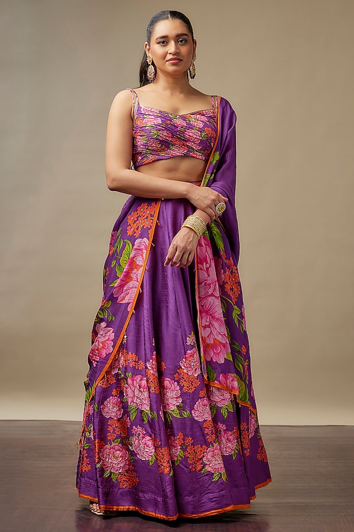 Deep Purple Raw Silk Printed & Embroidered Wedding Lehenga Set by Vidhi By A La Mode at Pernia's Pop Up Shop