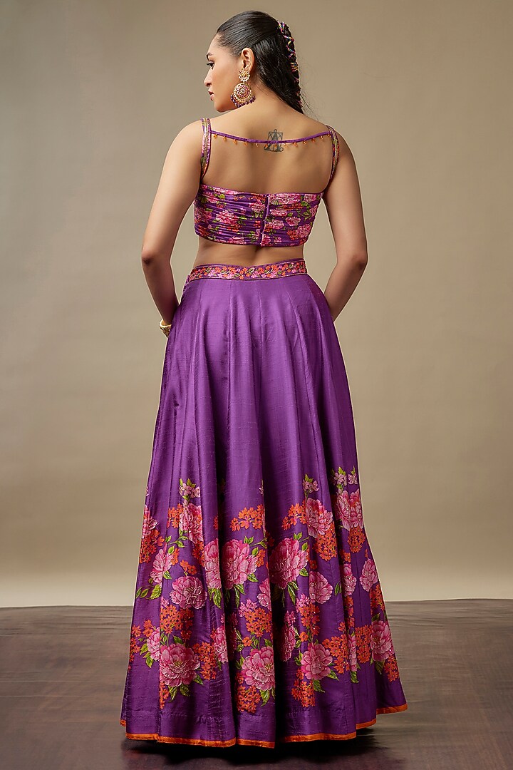 Deep Purple Raw Silk Printed & Embroidered Wedding Lehenga Set by Vidhi By A La Mode at Pernia's Pop Up Shop