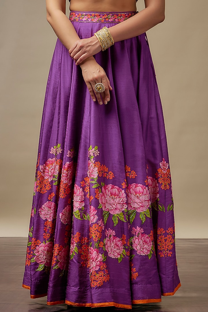 Deep Purple Raw Silk Printed & Embroidered Wedding Lehenga Set by Vidhi By A La Mode at Pernia's Pop Up Shop