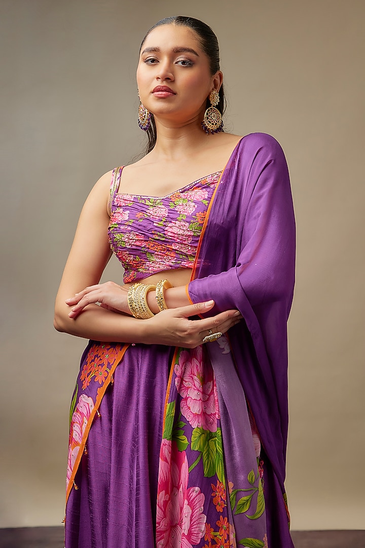 Deep Purple Raw Silk Printed & Embroidered Wedding Lehenga Set by Vidhi By A La Mode at Pernia's Pop Up Shop