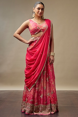 Coral Red Raw Silk Printed & Embroidered Lehenga Set by Vidhi By A La Mode