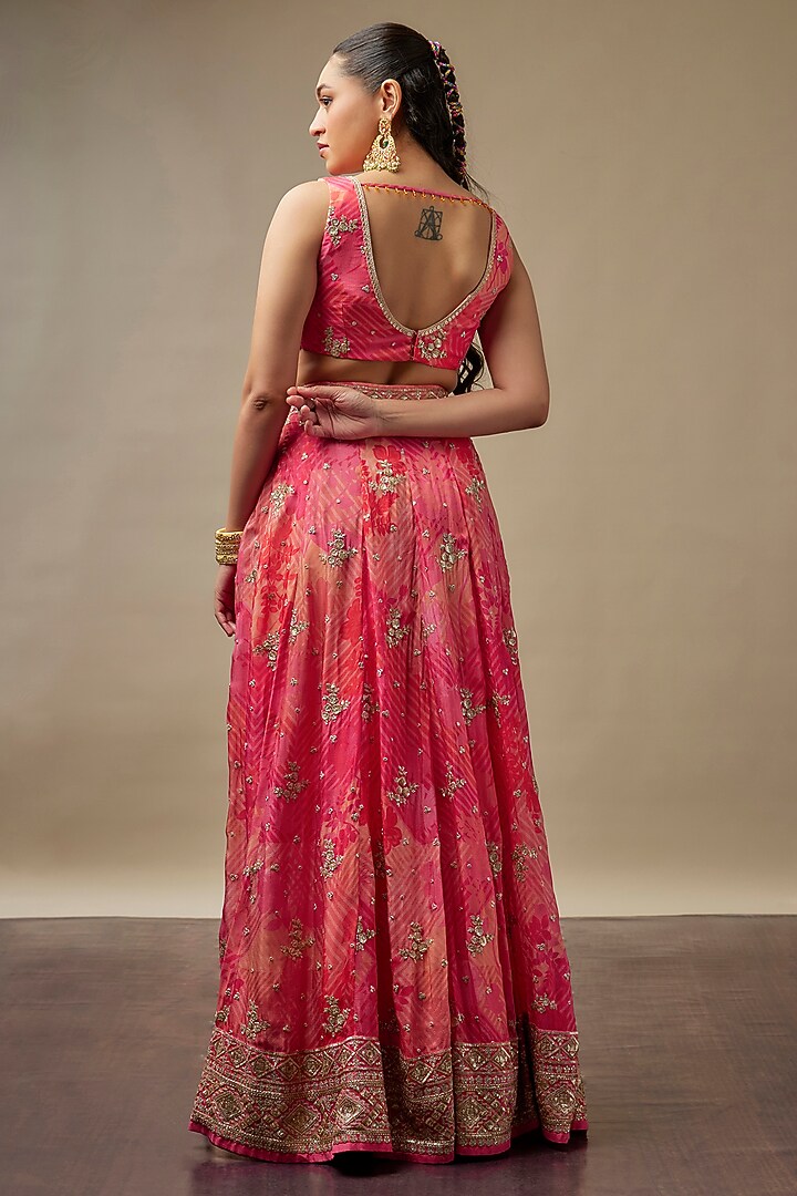 Coral Red Raw Silk Printed & Embroidered Wedding Lehenga Set by Vidhi By A La Mode at Pernia's Pop Up Shop