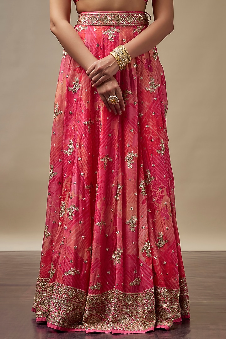 Coral Red Raw Silk Printed & Embroidered Wedding Lehenga Set by Vidhi By A La Mode at Pernia's Pop Up Shop