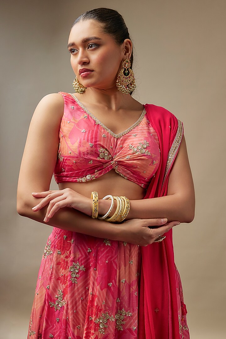 Coral Red Raw Silk Printed & Embroidered Wedding Lehenga Set by Vidhi By A La Mode at Pernia's Pop Up Shop