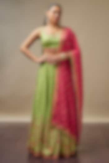 Lime Green Raw Silk Printed & Embroidered Wedding Lehenga Set by Vidhi By A La Mode at Pernia's Pop Up Shop