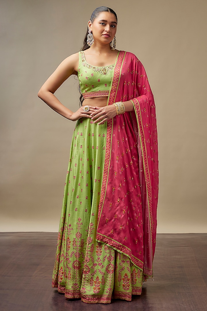 Lime Green Raw Silk Printed & Embroidered Wedding Lehenga Set by Vidhi By A La Mode at Pernia's Pop Up Shop