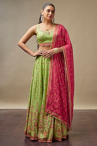 Lime Green Raw Silk Printed & Embroidered Lehenga Set by Vidhi By A La Mode