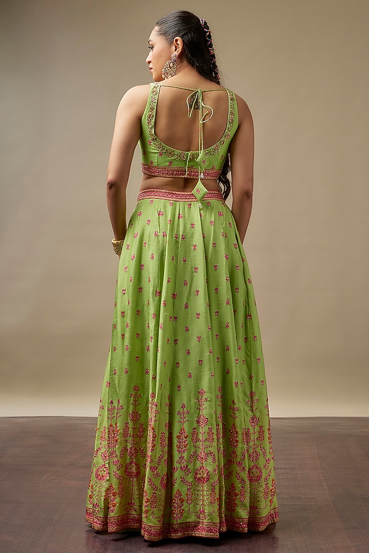 Lime Green Raw Silk Printed & Embroidered Wedding Lehenga Set by Vidhi By A La Mode at Pernia's Pop Up Shop