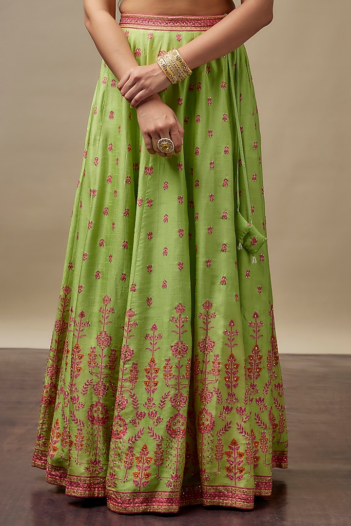 Lime Green Raw Silk Printed & Embroidered Wedding Lehenga Set by Vidhi By A La Mode at Pernia's Pop Up Shop