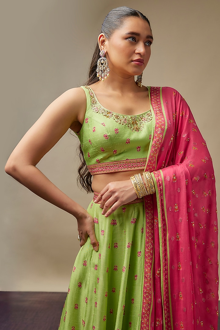 Lime Green Raw Silk Printed & Embroidered Wedding Lehenga Set by Vidhi By A La Mode at Pernia's Pop Up Shop