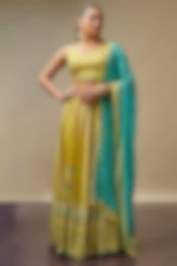 Lemon Yellow Raw Silk Printed & Embroidered Wedding Lehenga Set by Vidhi By A La Mode at Pernia's Pop Up Shop