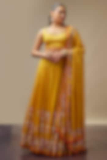 Mango Yellow Raw Silk Printed & Embroidered Wedding Lehenga Set by Vidhi By A La Mode at Pernia's Pop Up Shop