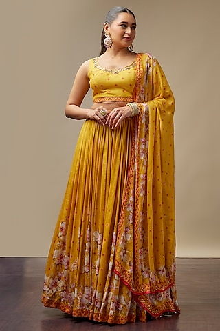 Mango Yellow Raw Silk Printed & Embroidered Lehenga Set by Vidhi By A La Mode