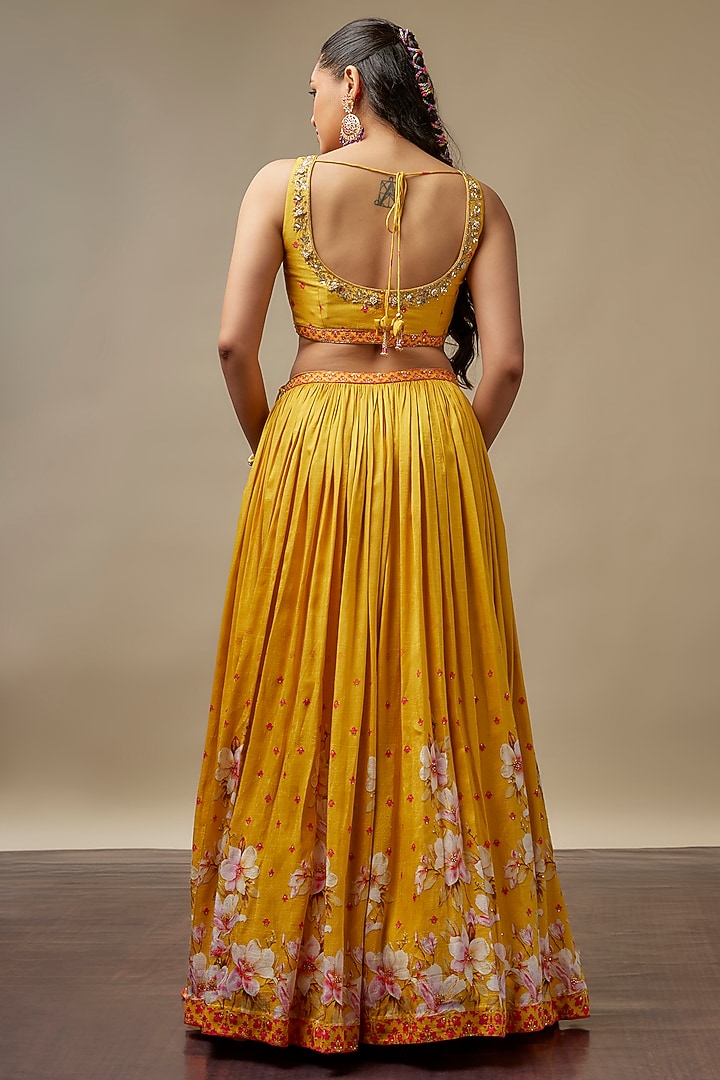 Mango Yellow Raw Silk Printed & Embroidered Wedding Lehenga Set by Vidhi By A La Mode at Pernia's Pop Up Shop