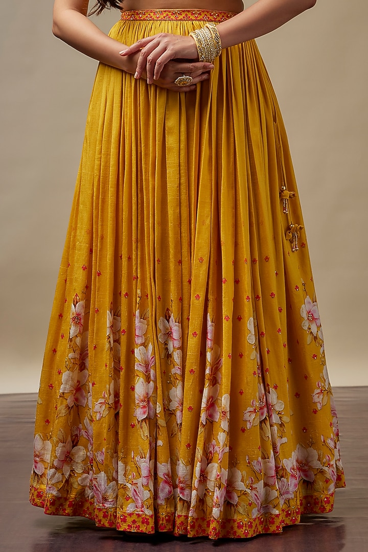 Mango Yellow Raw Silk Printed & Embroidered Wedding Lehenga Set by Vidhi By A La Mode at Pernia's Pop Up Shop