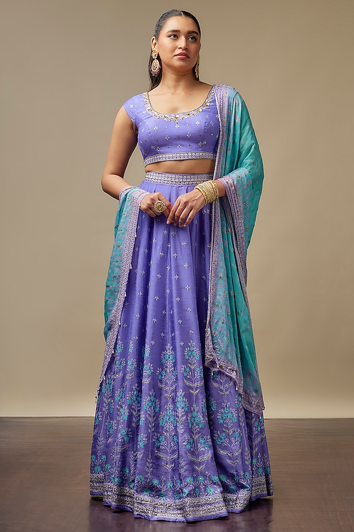 Lavender Raw Silk Printed & Embroidered Wedding Lehenga Set by Vidhi By A La Mode at Pernia's Pop Up Shop