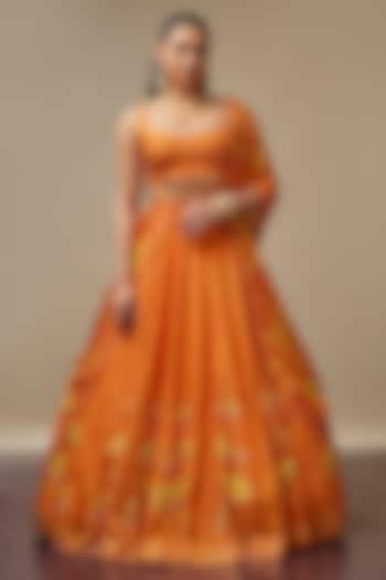 Orange Raw Silk Printed & Embroidered Wedding Lehenga Set by Vidhi By A La Mode at Pernia's Pop Up Shop