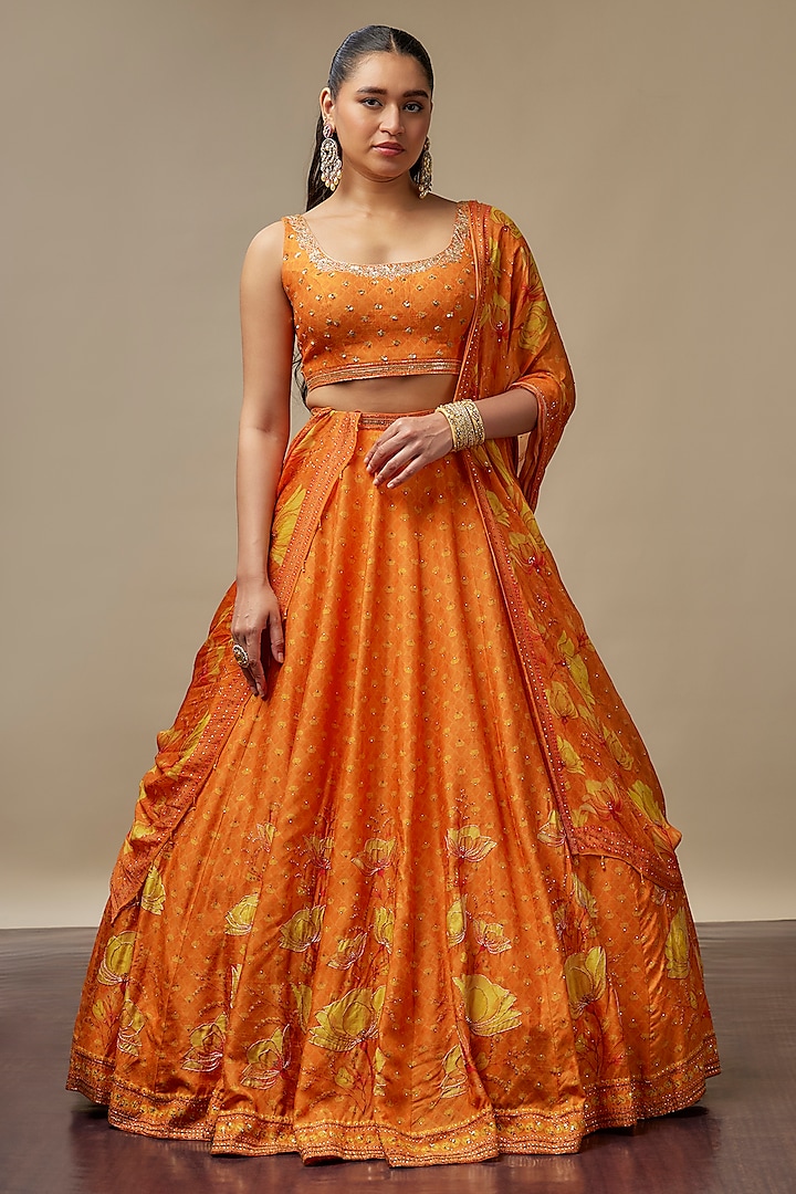 Orange Raw Silk Printed & Embroidered Wedding Lehenga Set by Vidhi By A La Mode at Pernia's Pop Up Shop