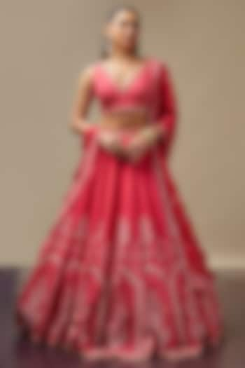 Cherry Red Raw Silk Printed & Embroidered Wedding Lehenga Set by Vidhi By A La Mode at Pernia's Pop Up Shop