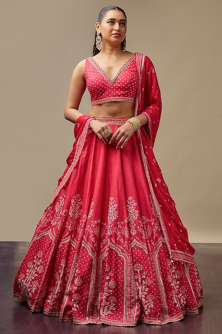 Cherry Red Raw Silk Printed & Embroidered Wedding Lehenga Set by Vidhi By A La Mode at Pernia's Pop Up Shop