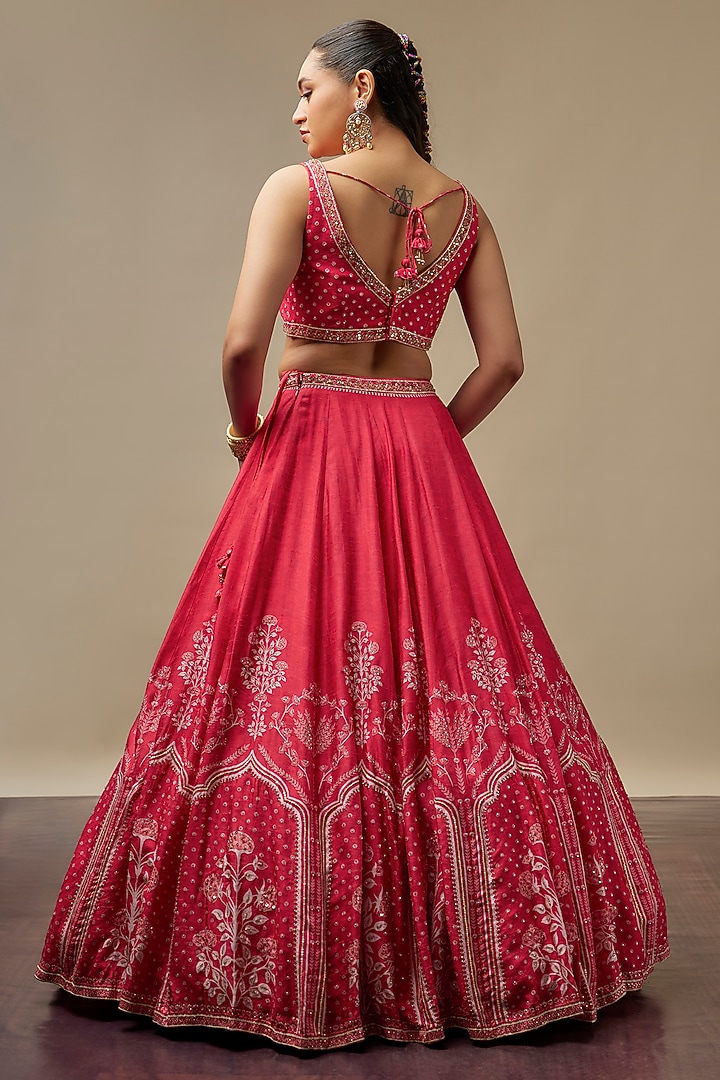 Cherry Red Raw Silk Printed & Embroidered Wedding Lehenga Set by Vidhi By A La Mode at Pernia's Pop Up Shop