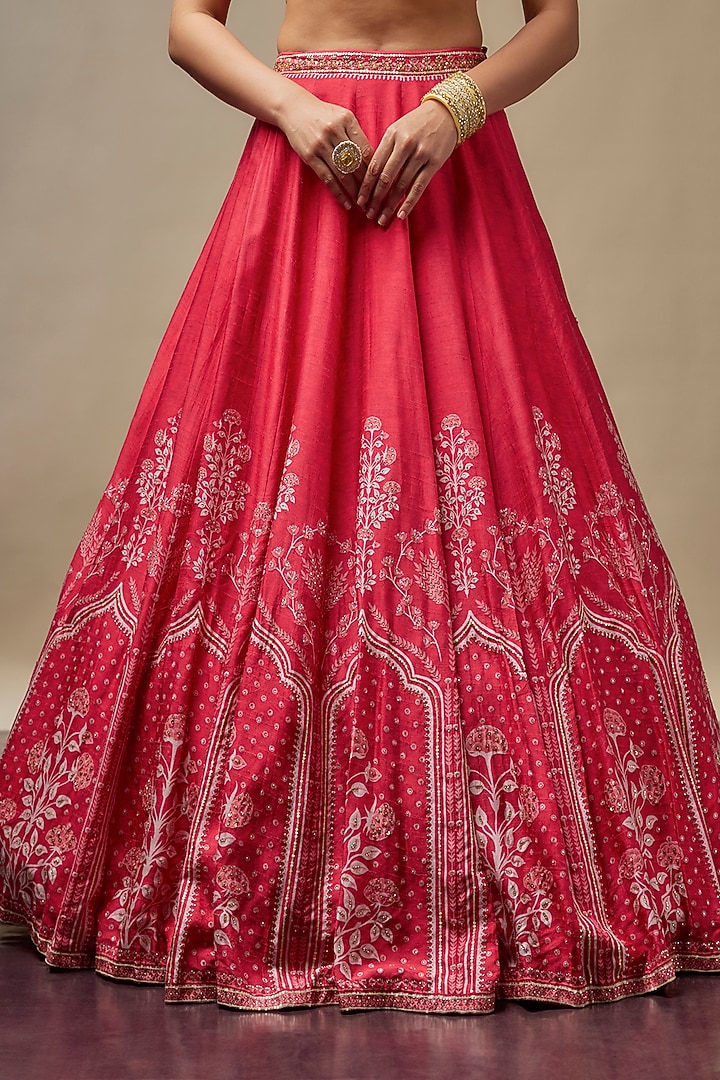 Cherry Red Raw Silk Printed & Embroidered Wedding Lehenga Set by Vidhi By A La Mode at Pernia's Pop Up Shop