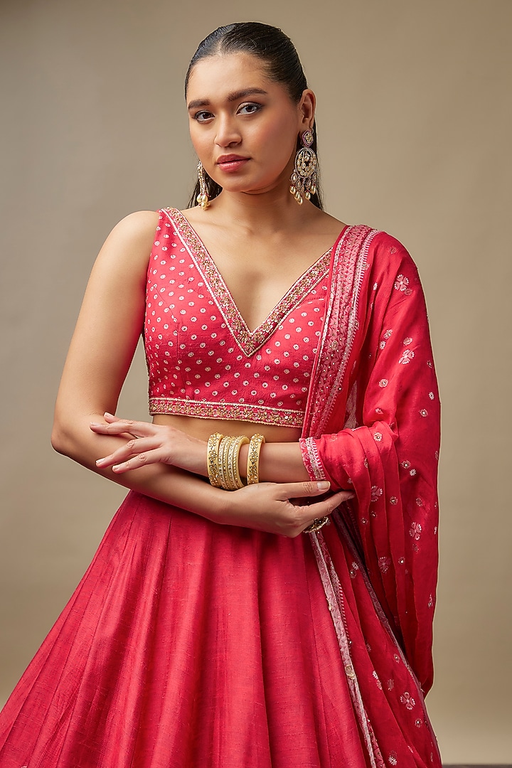 Cherry Red Raw Silk Printed & Embroidered Wedding Lehenga Set by Vidhi By A La Mode at Pernia's Pop Up Shop