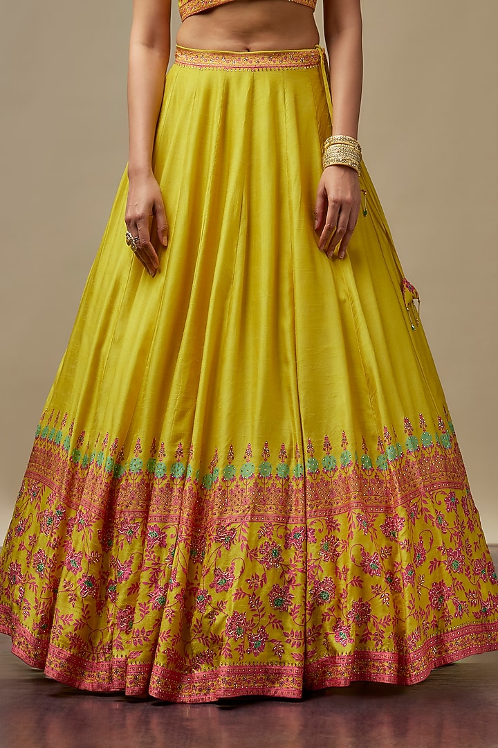 Marigold Yellow Raw Silk Printed & Embroidered Wedding Lehenga Set by Vidhi By A La Mode at Pernia's Pop Up Shop